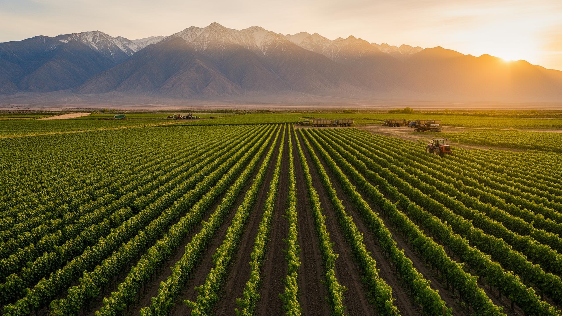 Viñedos en Mendoza con maquinaria agrícola y los Andes de fondo
